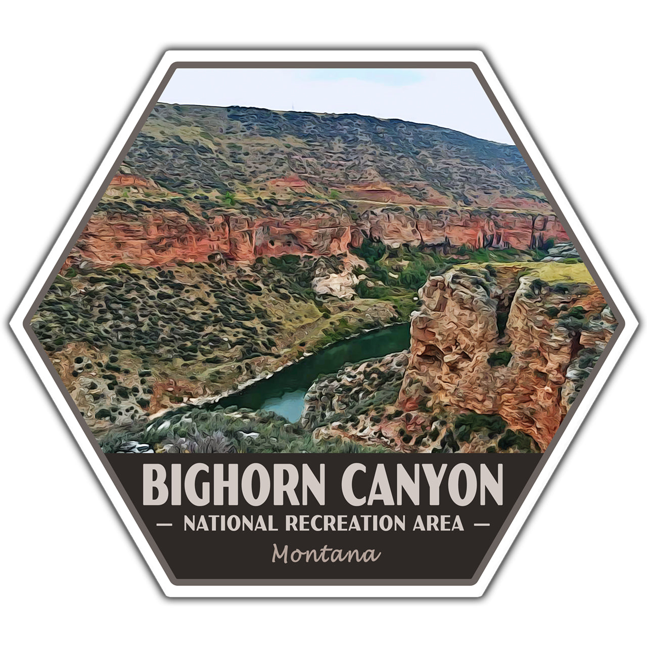 Hexagonal sticker with Bighorn Canyon National Recreation Area landscape and text.