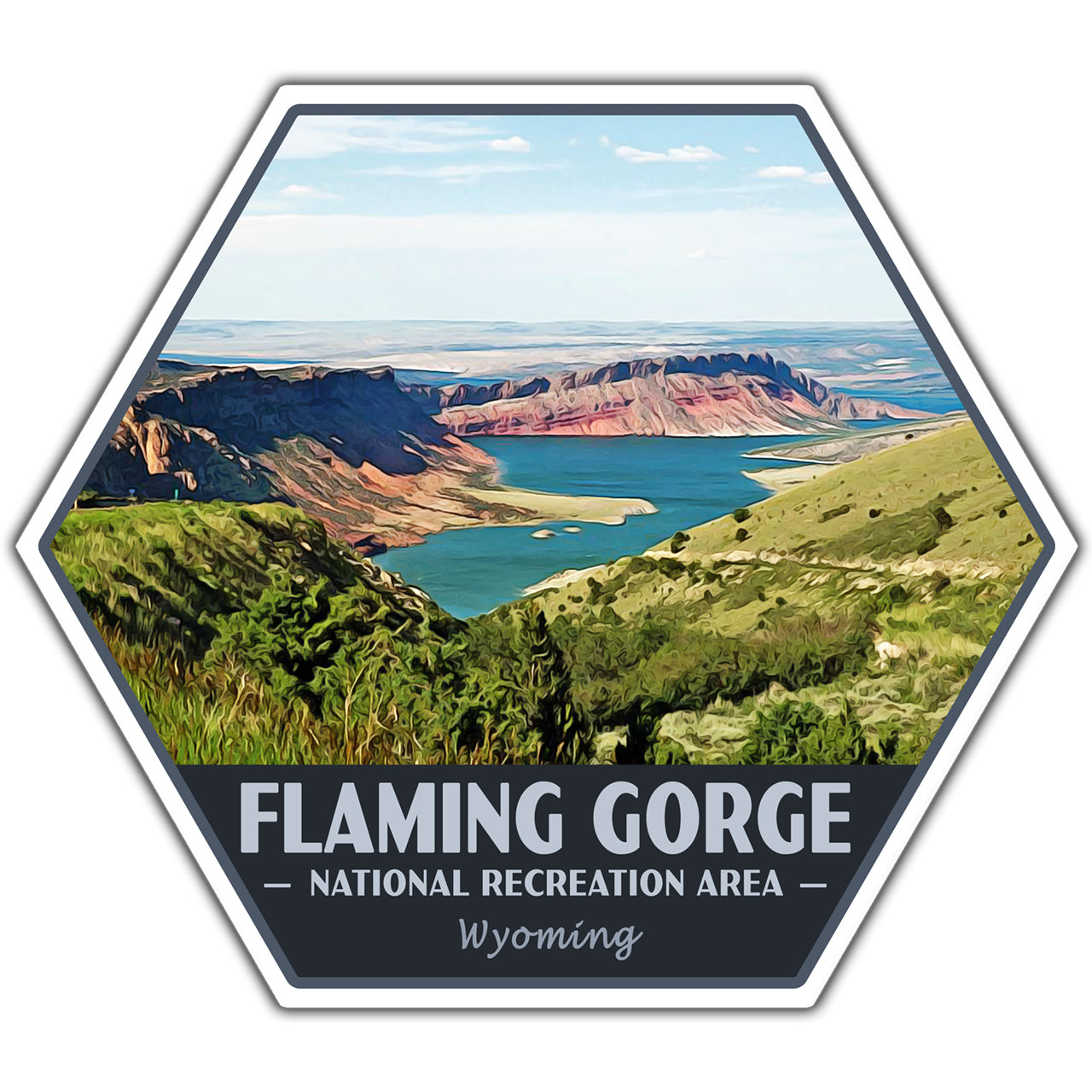 Hexagonal sticker with Flaming Gorge National Recreation Area landscape and text.