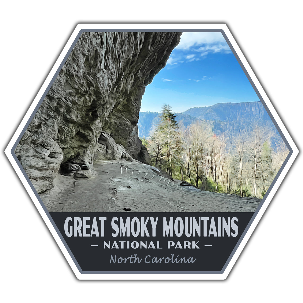 Hexagonal sticker with Great Smoky Mountains National Park scenery and text.