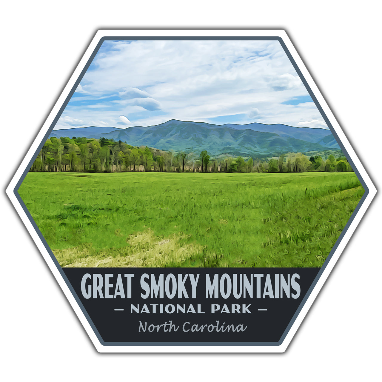 Hexagonal sticker with a scenic view of the Great Smoky Mountains National Park in North Carolina.