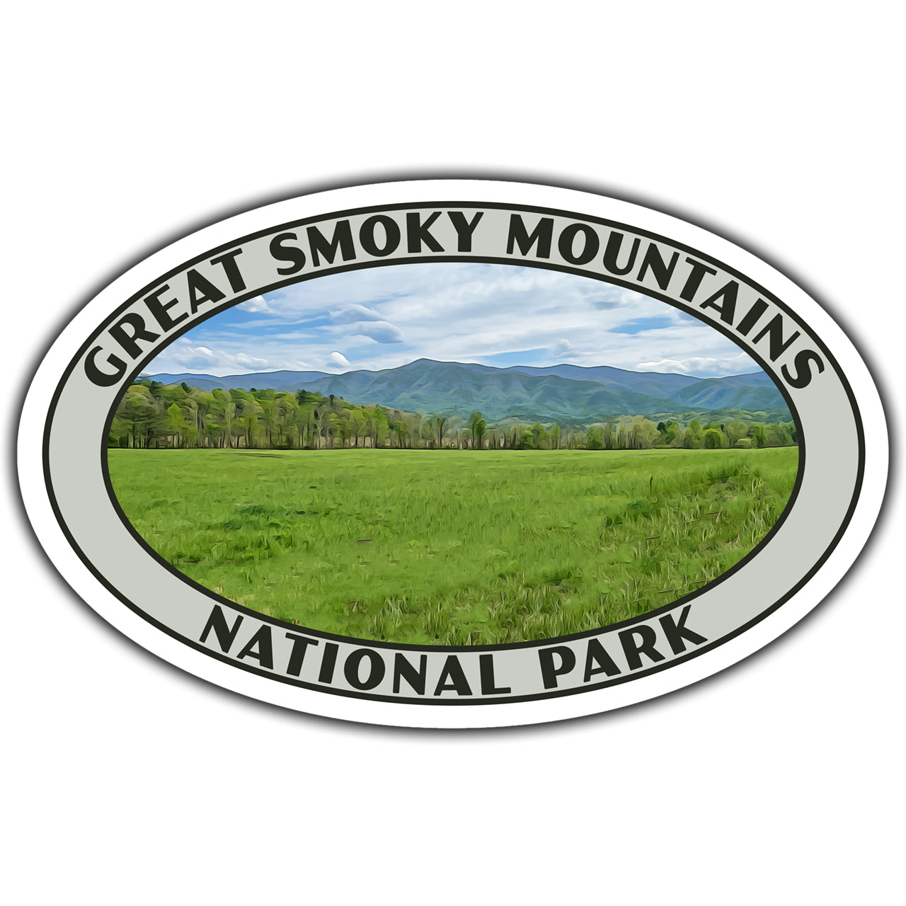 Oval sticker with 'Great Smoky Mountains National Park' text and scenic view of a field and mountains.