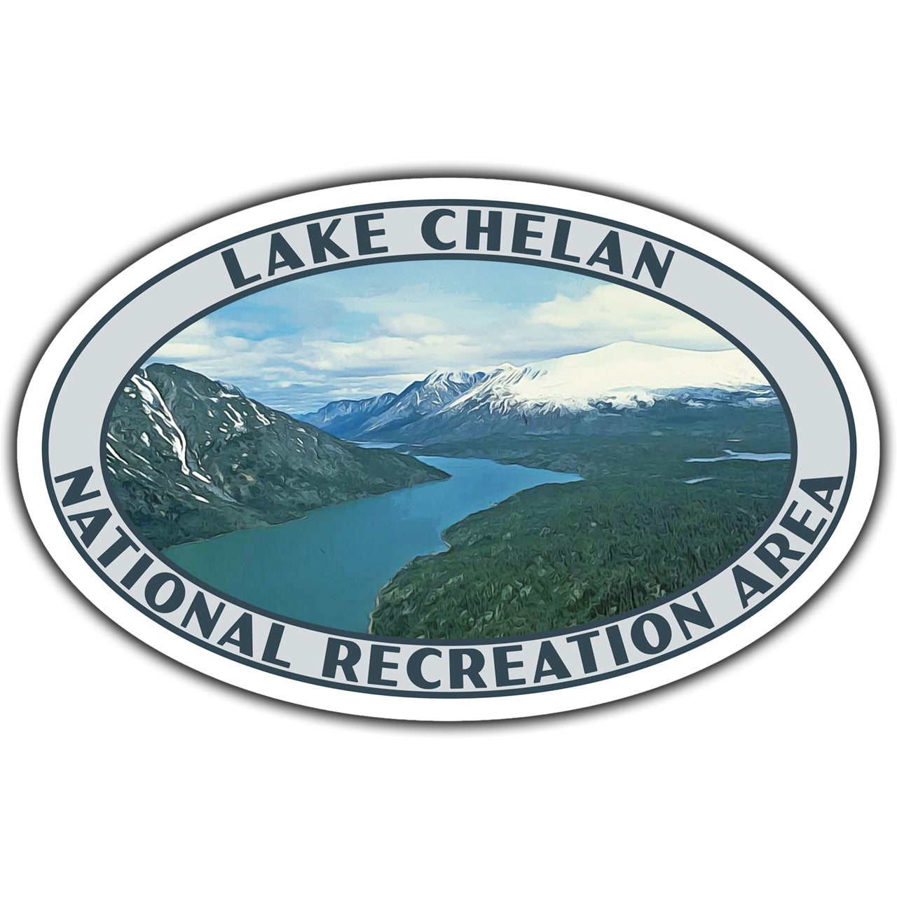 Lake Chelan National Recreation Area sticker with scenic depiction of a lake and mountains.