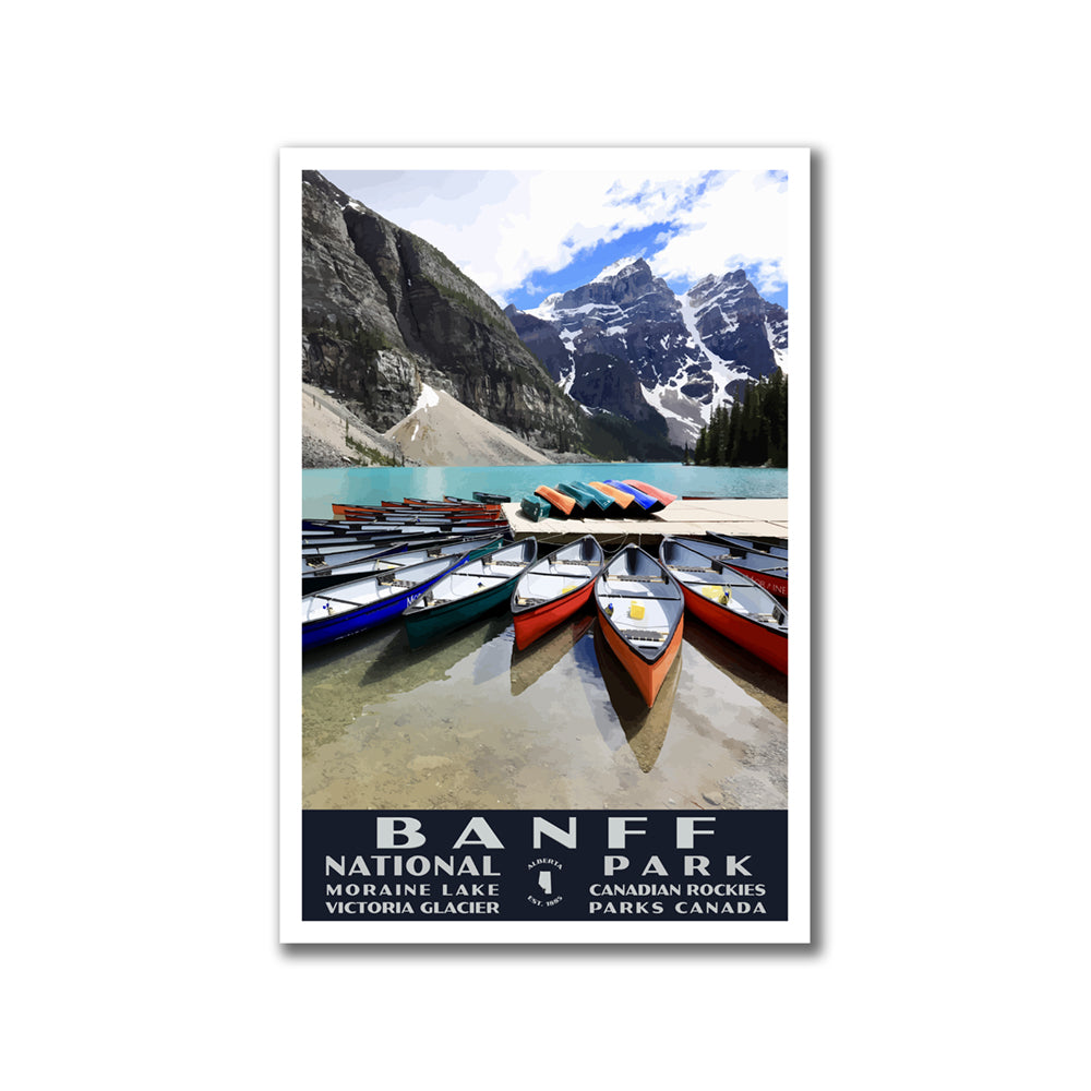 Banff National Park Poster-WPA (Moraine Lake Canoes)
