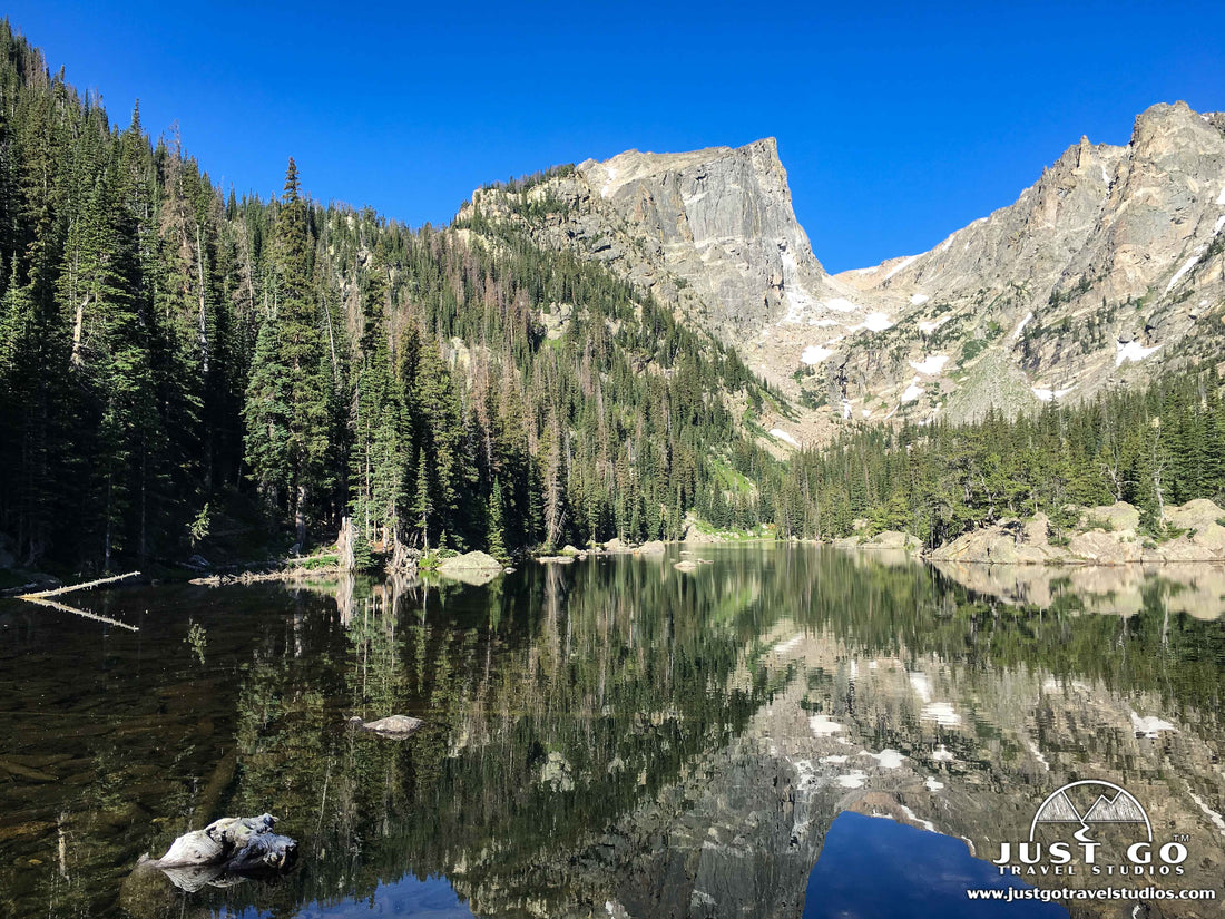 Dream Lake with blue sky and water reflecting in Rocky Mountain National Park