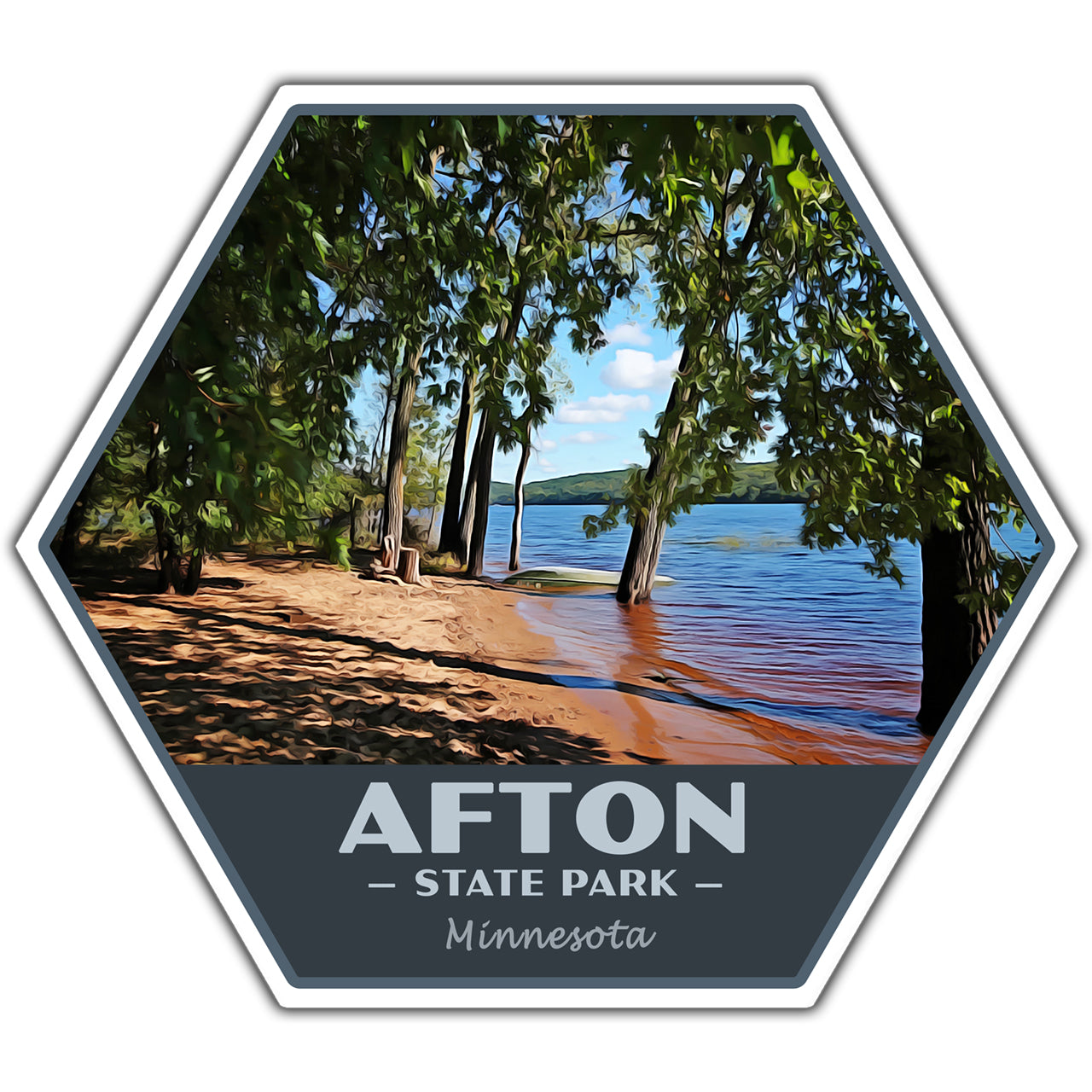 Hexagonal sticker of Afton State Park with a beach and lake view.
