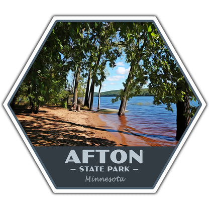 Hexagonal sticker of Afton State Park with a beach and lake view.