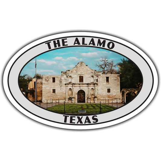 Oval-shaped sticker with 'The Alamo Texas' text and image of the Alamo mission.