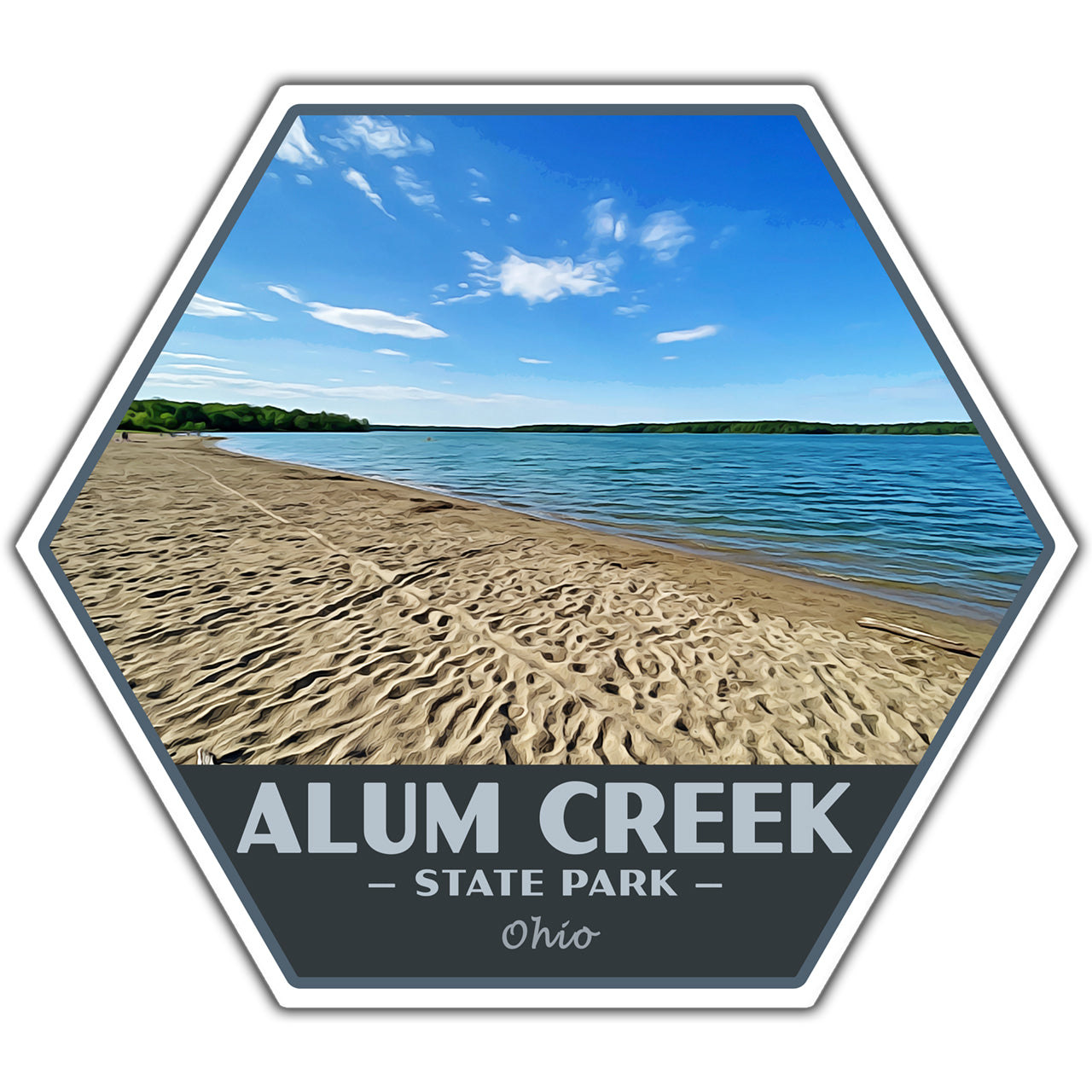 Hexagonal sticker of Alum Creek State Park with beach and lake view