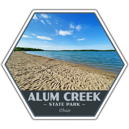 Hexagonal sticker of Alum Creek State Park with beach and lake view