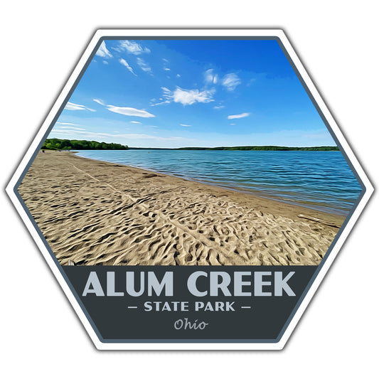 Hexagonal sticker of Alum Creek State Park with beach and lake view