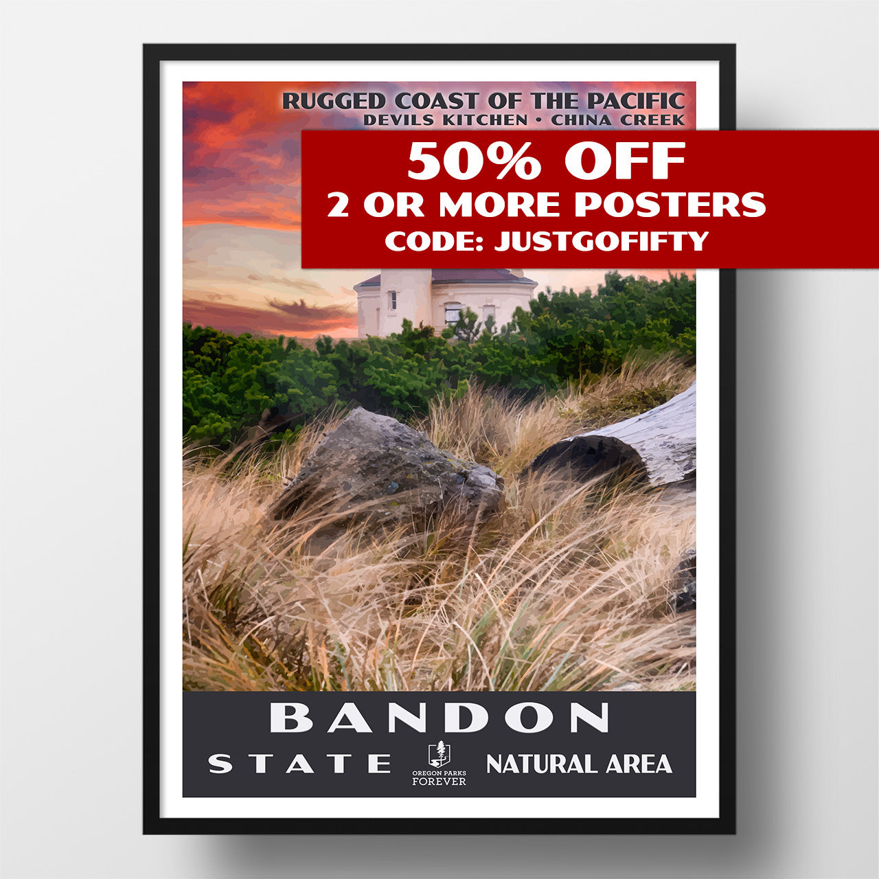 Bandon State Natural Area Poster - WPA (Coquille River Lighthouse at Sunset) - OPF