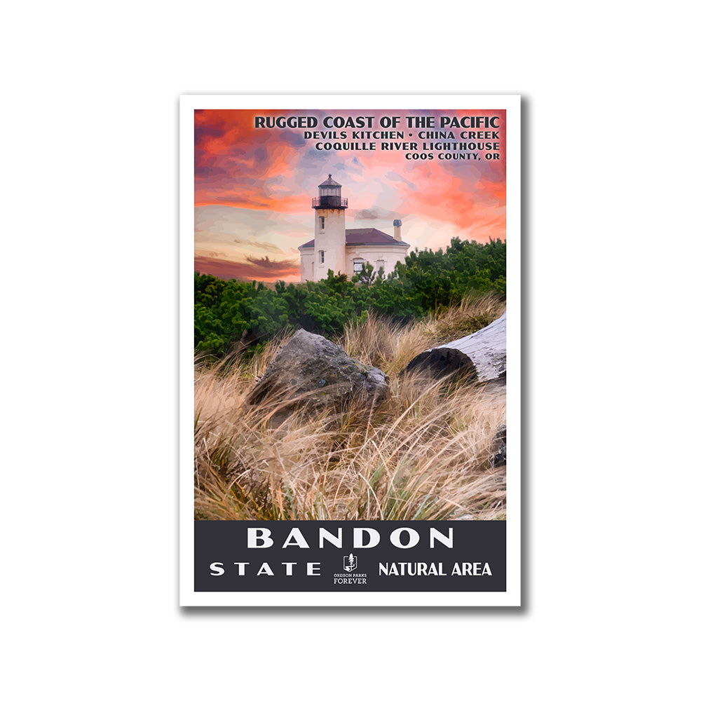 Bandon State Natural Area Poster - WPA (Coquille River Lighthouse at Sunset) - OPF
