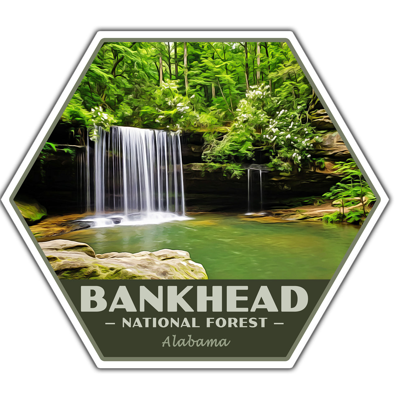 Hexagonal sticker with a waterfall in Bankhead National Forest, Alabama.