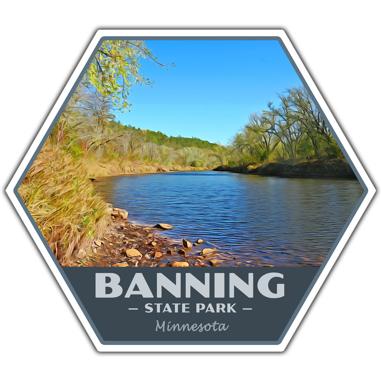 Hexagonal sticker with a scenic view of a lake and trees, labeled 'Banning State Park, Minnesota'.
