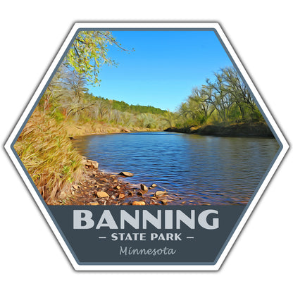 Hexagonal sticker with a scenic view of a lake and trees, labeled 'Banning State Park, Minnesota'.