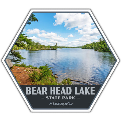 Hexagonal sticker of Bear Head Lake State Park in Minnesota with a scenic lake view.