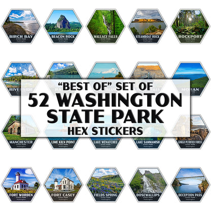 A set of hexagonal stickers featuring scenic views of 52 Washington State parks, arranged around a central white label that reads “Best of Set of 52 Washington State Park Hex Stickers.”.