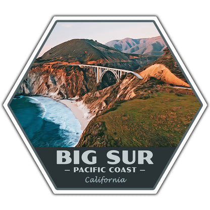 Hexagonal sticker with a scenic view of Big Sur, California, featuring a coastal road and mountains.