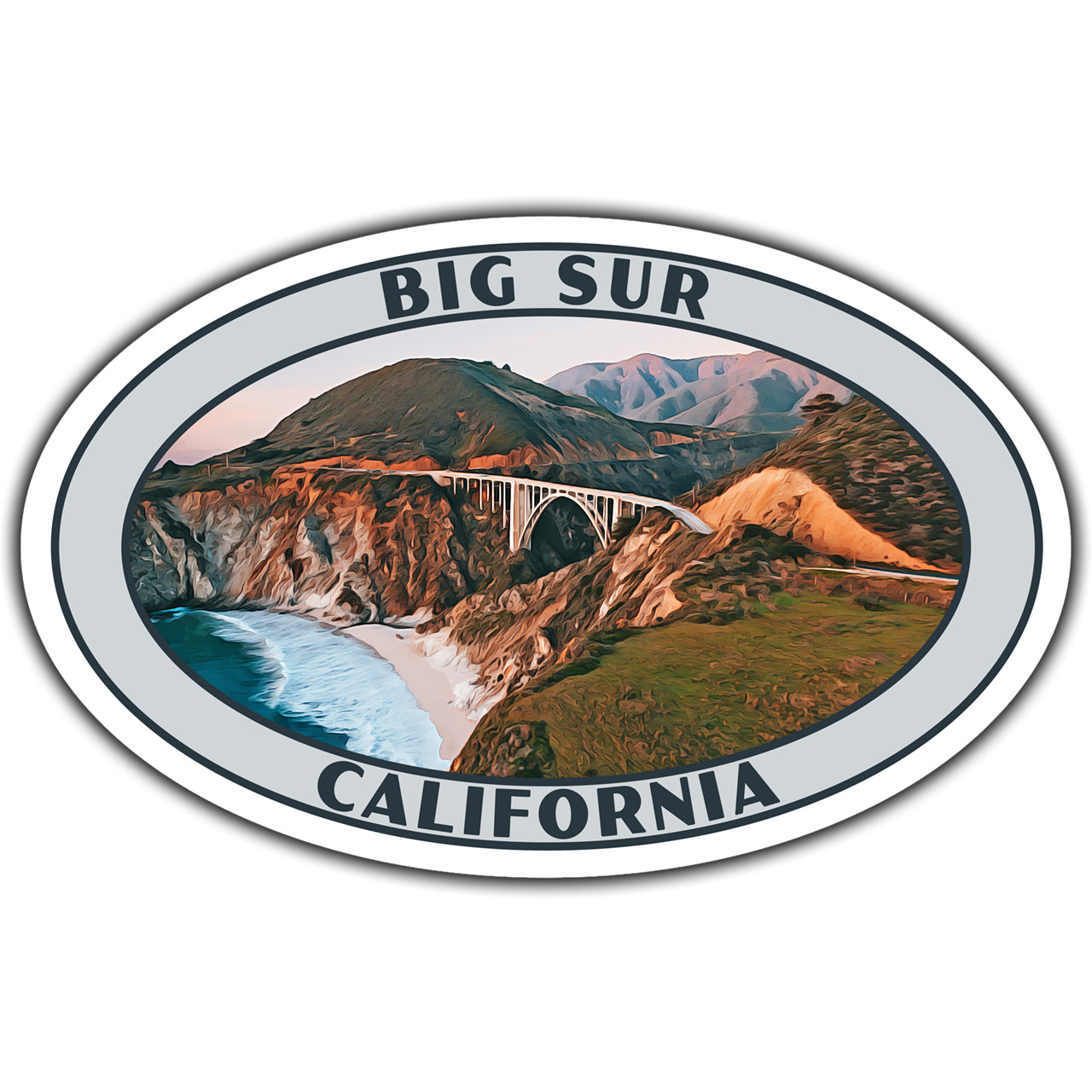 Oval sticker with Big Sur, California landscape and text