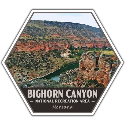 Hexagonal sticker with Bighorn Canyon National Recreation Area landscape and text.