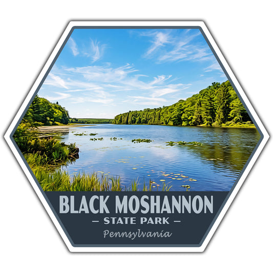 Hexagonal sticker of Black Moshannon State Park with a scenic lake and trees.