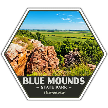 Hexagonal sticker with a scenic view of Blue Mounds State Park, Minnesota.