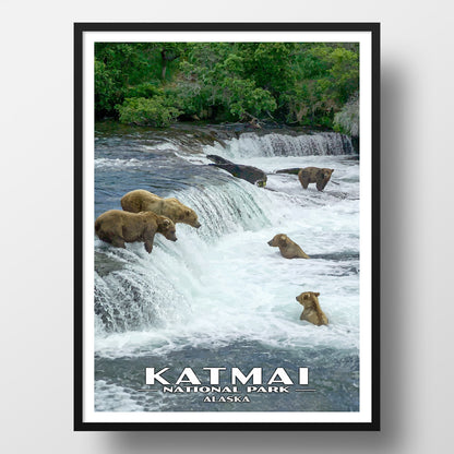 Katmai National Park Poster-WPA (Brooks Falls)