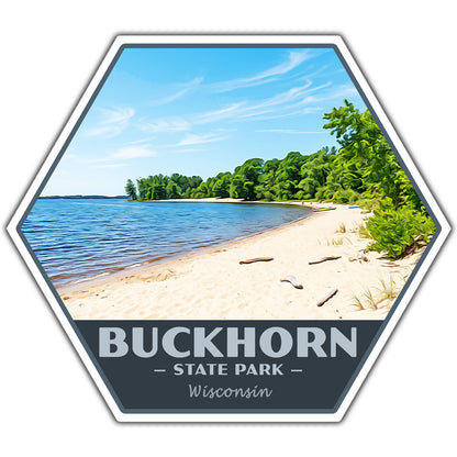 Hexagonal sticker of Buckhorn State Park, Wisconsin with a beach and trees.