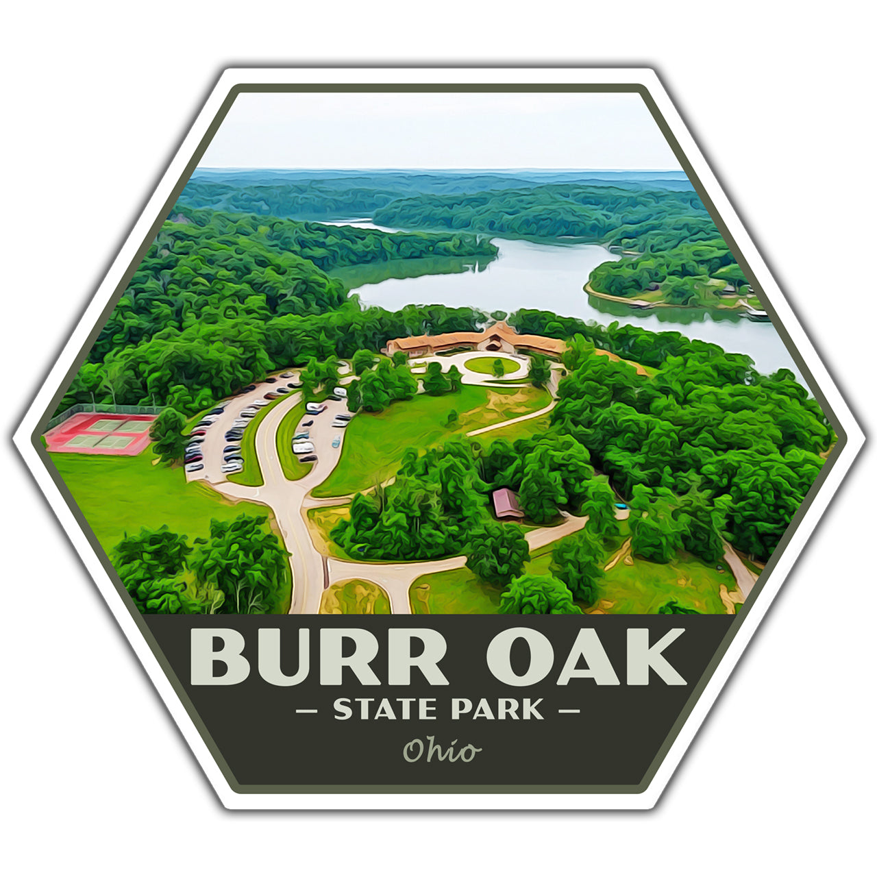 Hexagonal sticker of Burr Oak State Park with scenic view and text.