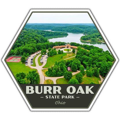 Hexagonal sticker of Burr Oak State Park with scenic view and text.