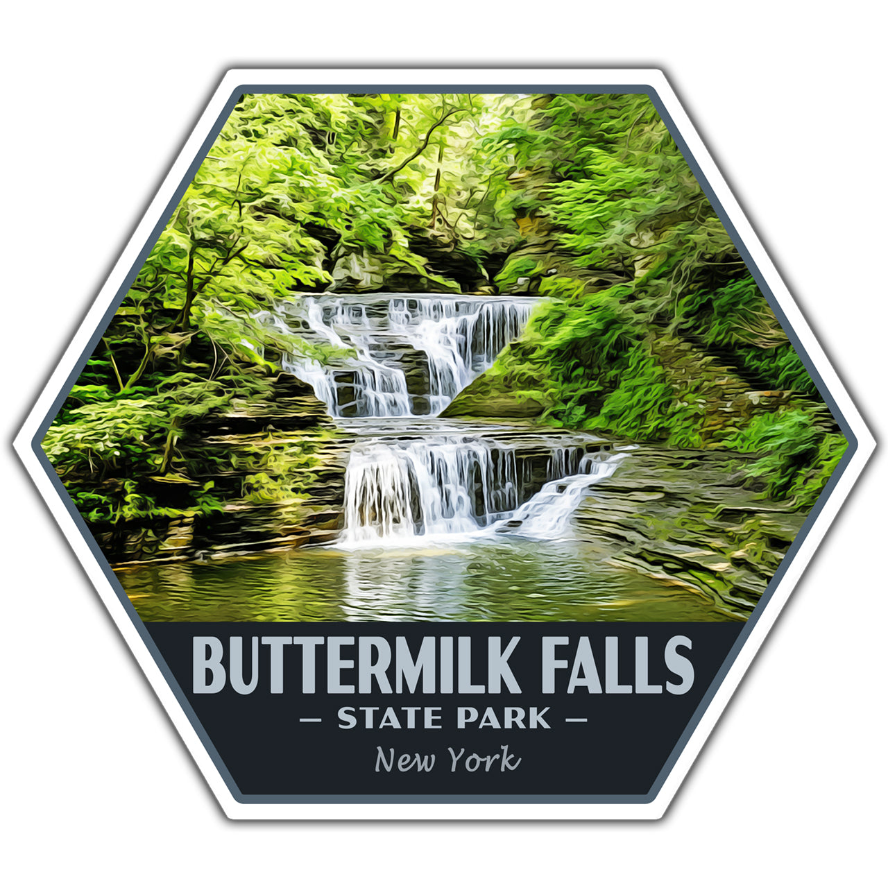 Hexagonal sticker with Buttermilk Falls State Park, New York, featuring a waterfall and greenery.