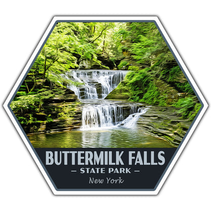 Hexagonal sticker with Buttermilk Falls State Park, New York, featuring a waterfall and greenery.