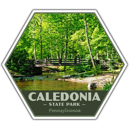 Hexagonal sticker of Caledonia State Park with a forest and bridge in the background.