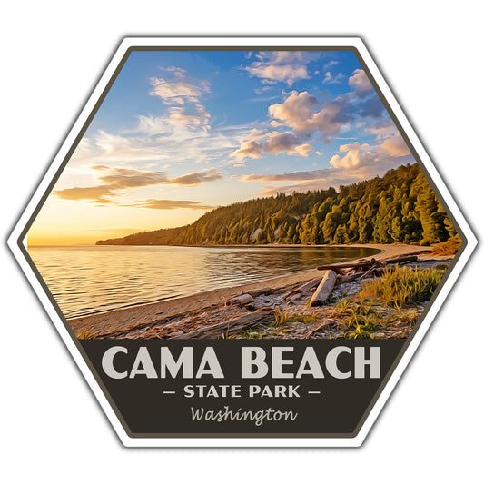 Hexagonal sticker of Cama Beach State Park with a scenic sunset over water and trees.