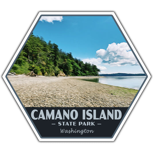 Hexagonal sticker of Camano Island State Park with beach and trees on a white background