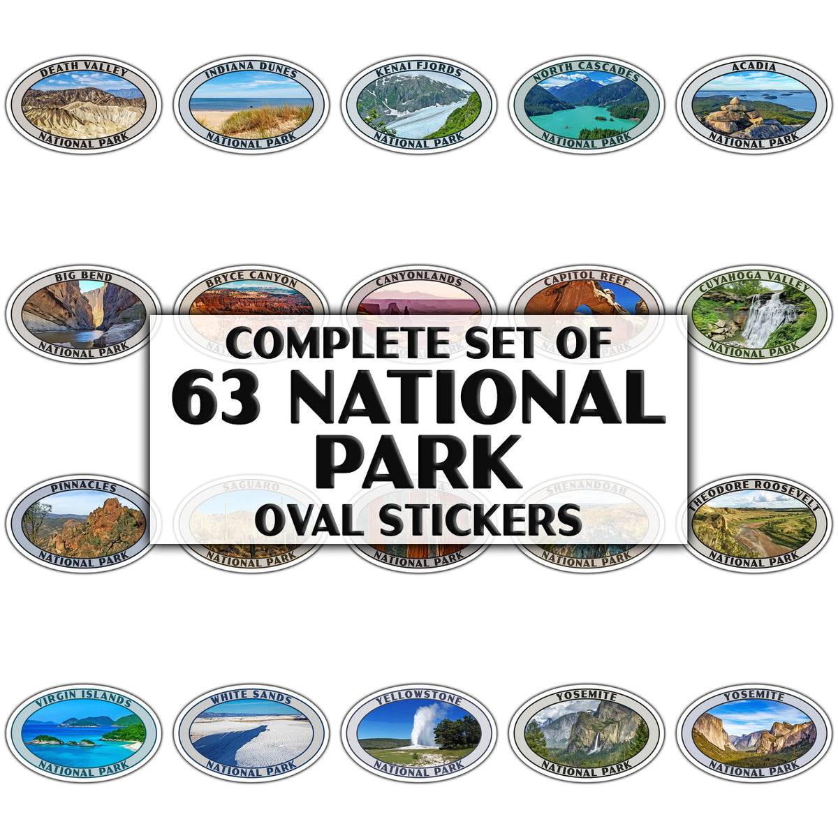 Set of 63 National Park oval stickers with various park images on a white background.