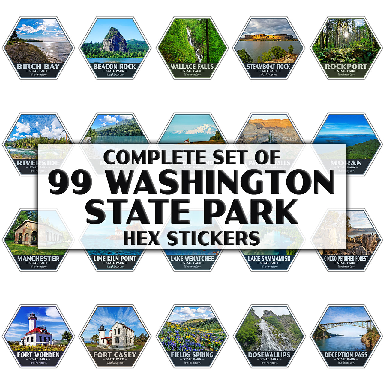 A collage of hexagonal stickers showcasing various scenic landmarks of Washington State State Park, with a large central text banner reading 'COMPLETE SET OF 99 WASHINGTON STATE PARK HEX STICKERS'.