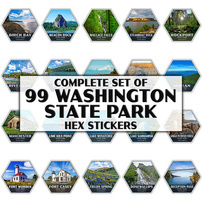 A collage of hexagonal stickers showcasing various scenic landmarks of Washington State State Park, with a large central text banner reading 'COMPLETE SET OF 99 WASHINGTON STATE PARK HEX STICKERS'.