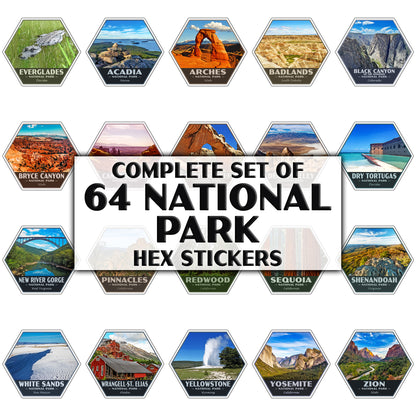 complete set of 64 national park stickers in the hexagonal shape