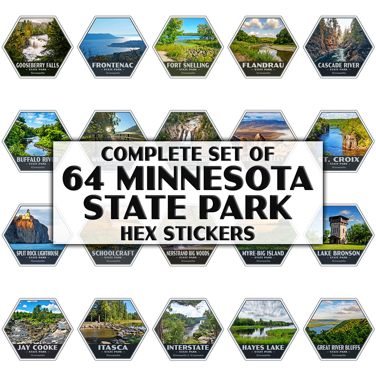 64 Minnesota State Park Stickers (Minnesota State Parks-Complete Set) - Hex