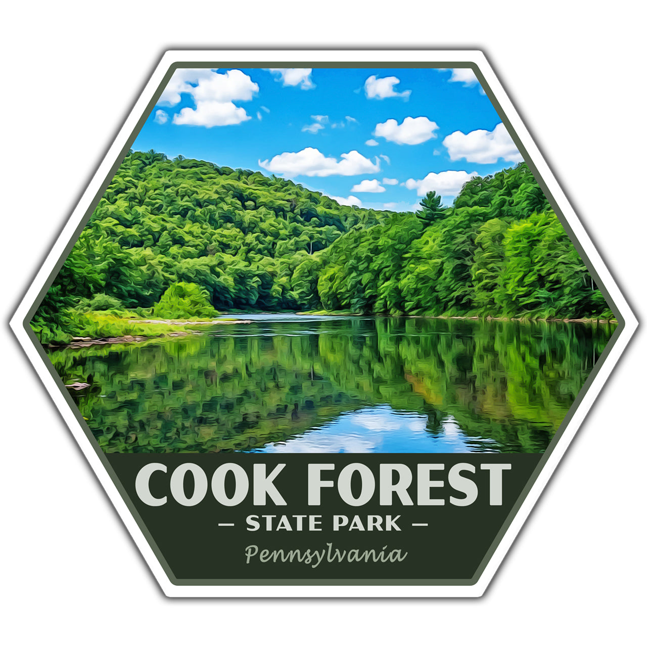Hexagonal sticker of Cook Forest State Park with a scenic view of a river and trees.
