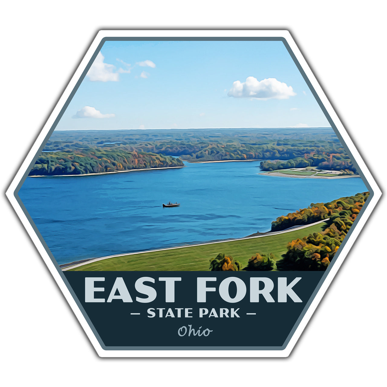 Hexagonal sticker of East Fork State Park with a lake and boat on a white background