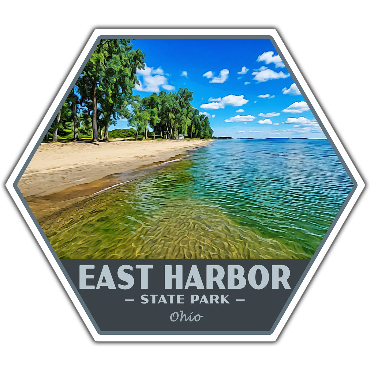 Hexagonal sticker of East Harbor State Park with beach and water scene.