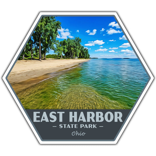 Hexagonal sticker of East Harbor State Park with beach and water scene.