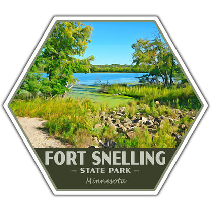 Hexagonal sticker of Fort Snelling State Park with a scenic lake and trees.