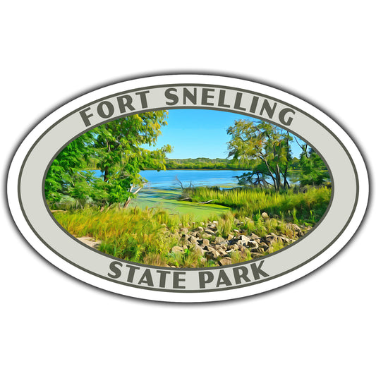 Oval-shaped sign for Fort Snelling State Park with a scenic view of trees and water.