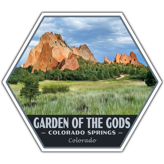 Hexagonal sticker of Garden of the Gods with mountains and greenery.
