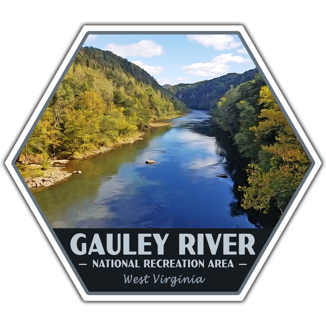 Hexagonal sticker with a scenic view of the Gauley River in West Virginia, featuring trees and water.