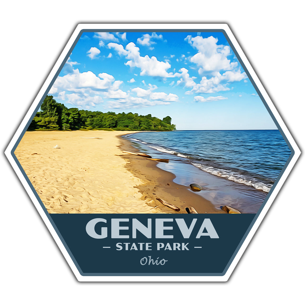 Hexagonal sticker of Geneva State Park, Ohio with a beach and lake scene.