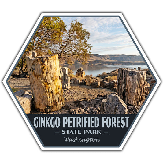Hexagonal sticker of Ginkgo Petrified Forest State Park with petrified wood and landscape.